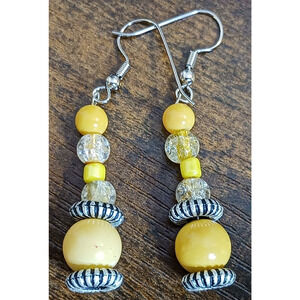Handcrafted Yellow Crushed Glass Beaded Disk Dangle Earrings Fashion Jewelry